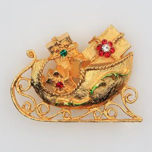 Vintage MYLU Santa’s Sleigh With Christmas‎ Packages Rhinestone Brooch 1960s